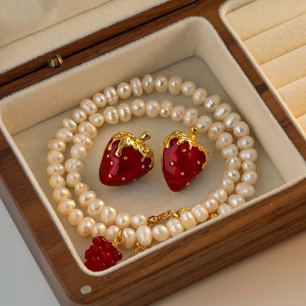 18K Gold Plated Romantic Strawberry Stud Earrings - Picture 2 of 8